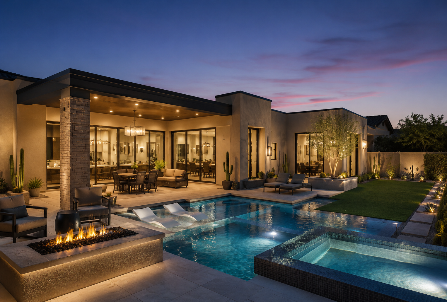 Desert-contemporary luxury home in Scottsdale, Arizona with pool and fire feature at dusk